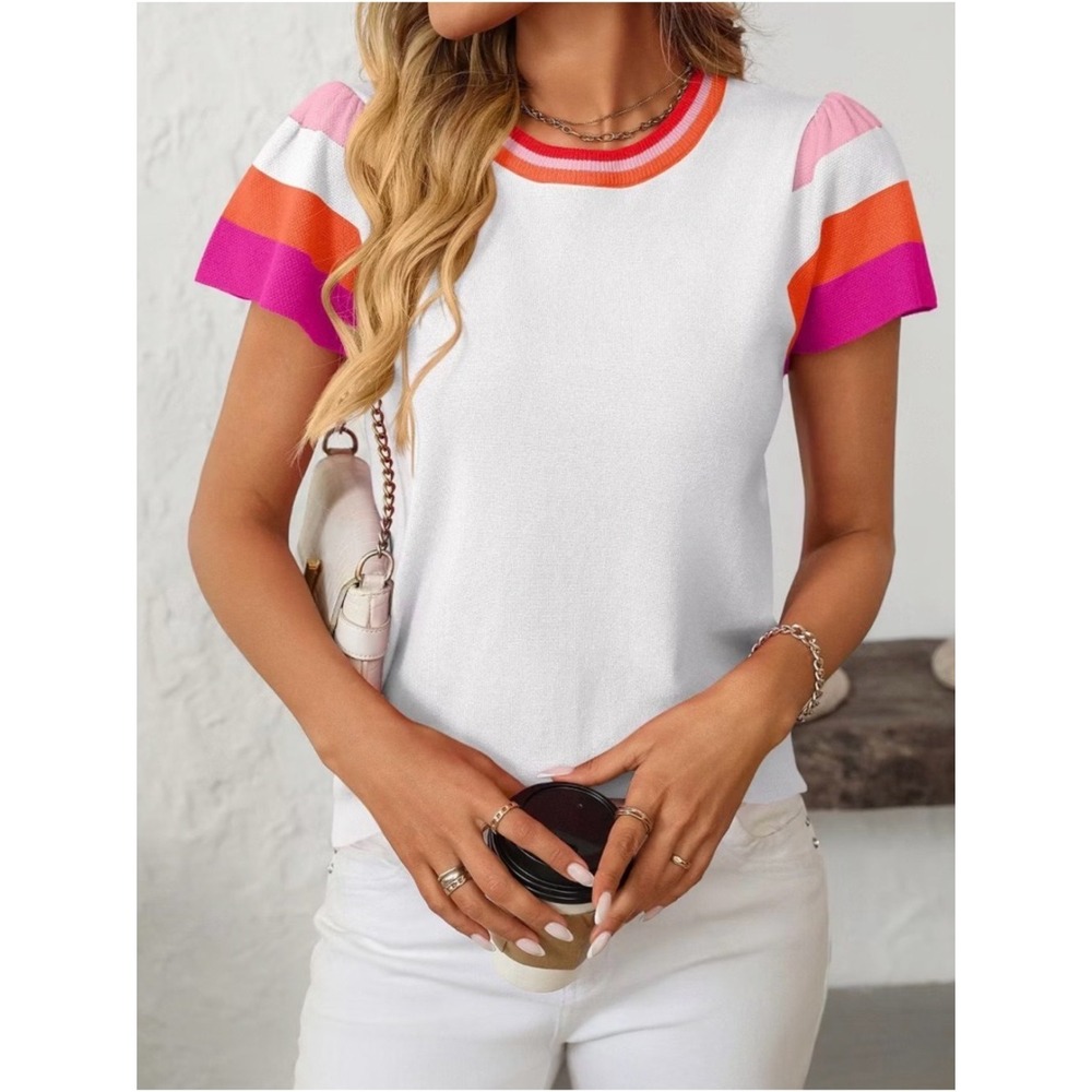 ePretty White Knit Sweater Top  Pink & Orange Trim Women Small NWT